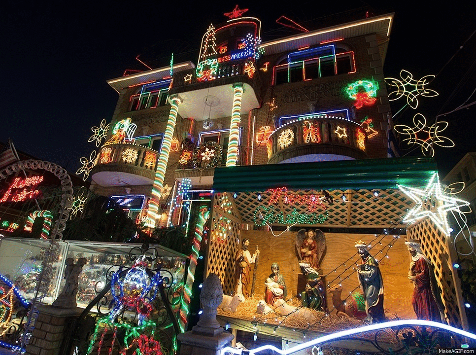 Dyker Heights Holiday Lights tour in Brooklyn: flashing lights at a mansion
