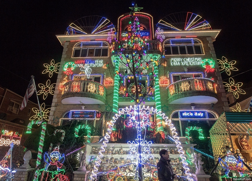 Dyker Heights Christmas Lights tour: flashing holiday lights at a mansion